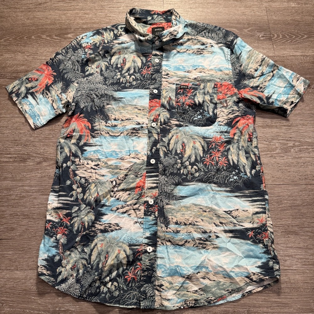 RVCA Paradiso Shirt Mens Medium Blue Cotton Viscose Hawaiian Resort Camp Aloha